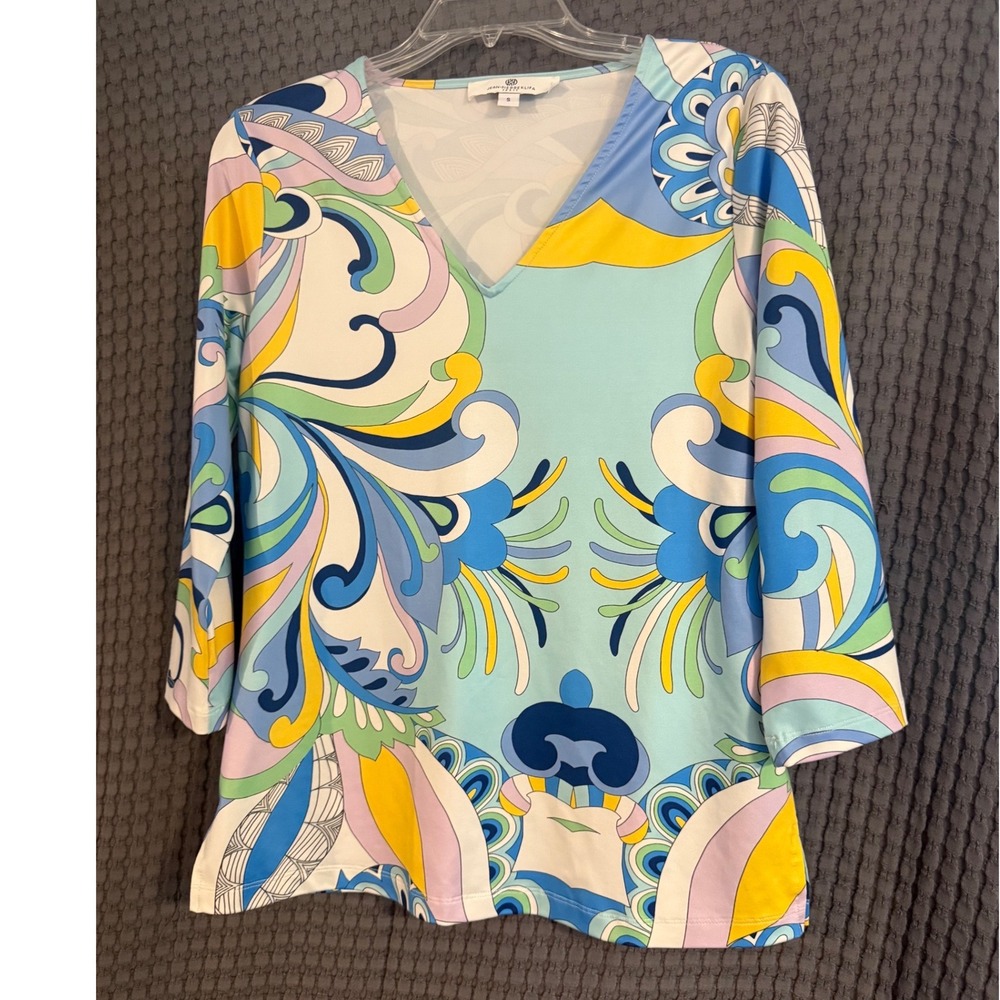 Jean-Pierre Klifa Top Women Small Blue Multi Excellent Psychedelic 3/4 Sleeve